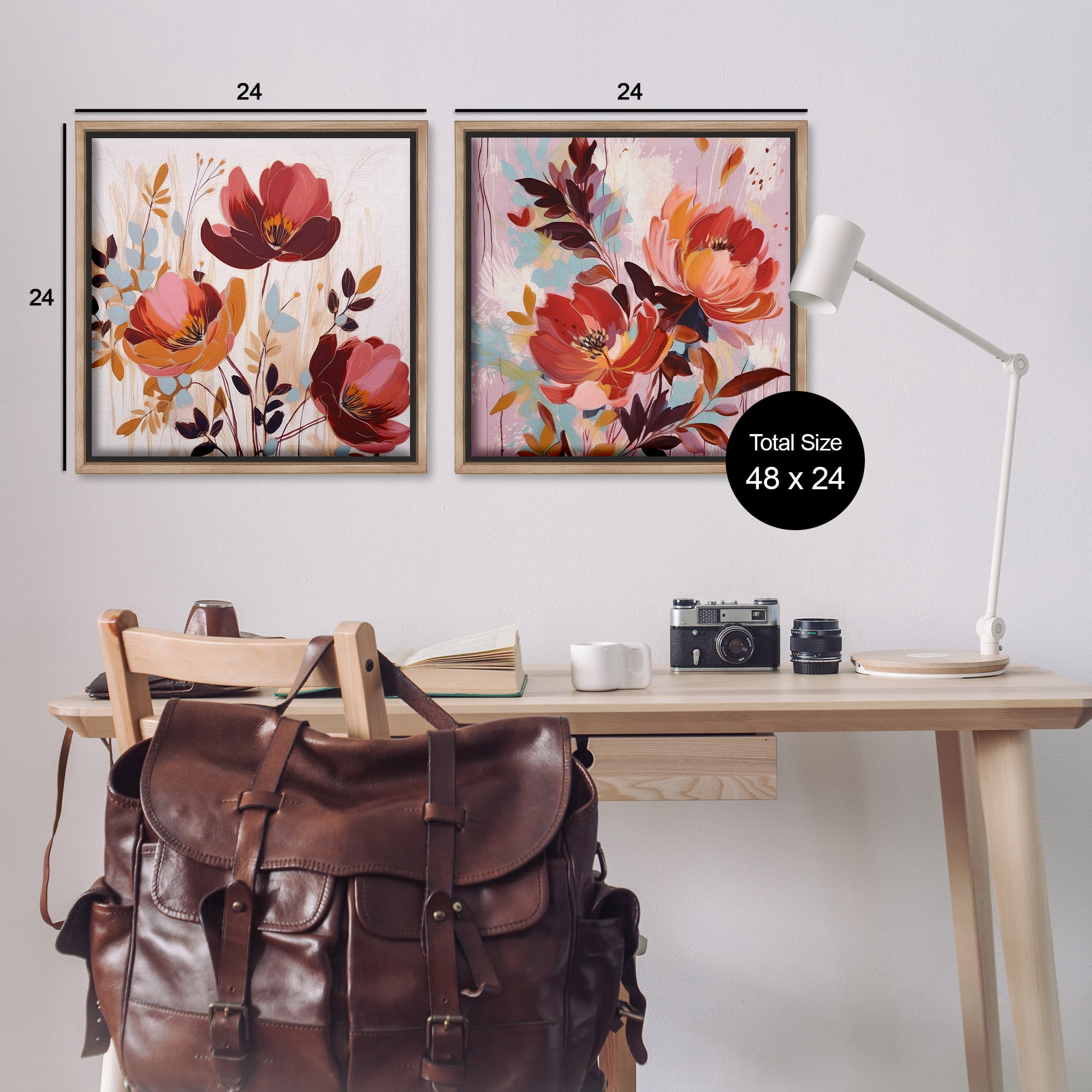 Stupell Industries Red Modern Flowers Botanical & Floral Painting Brown Floater Framed Canvas Art Print Wall Art, 25 x 25, Set of 2