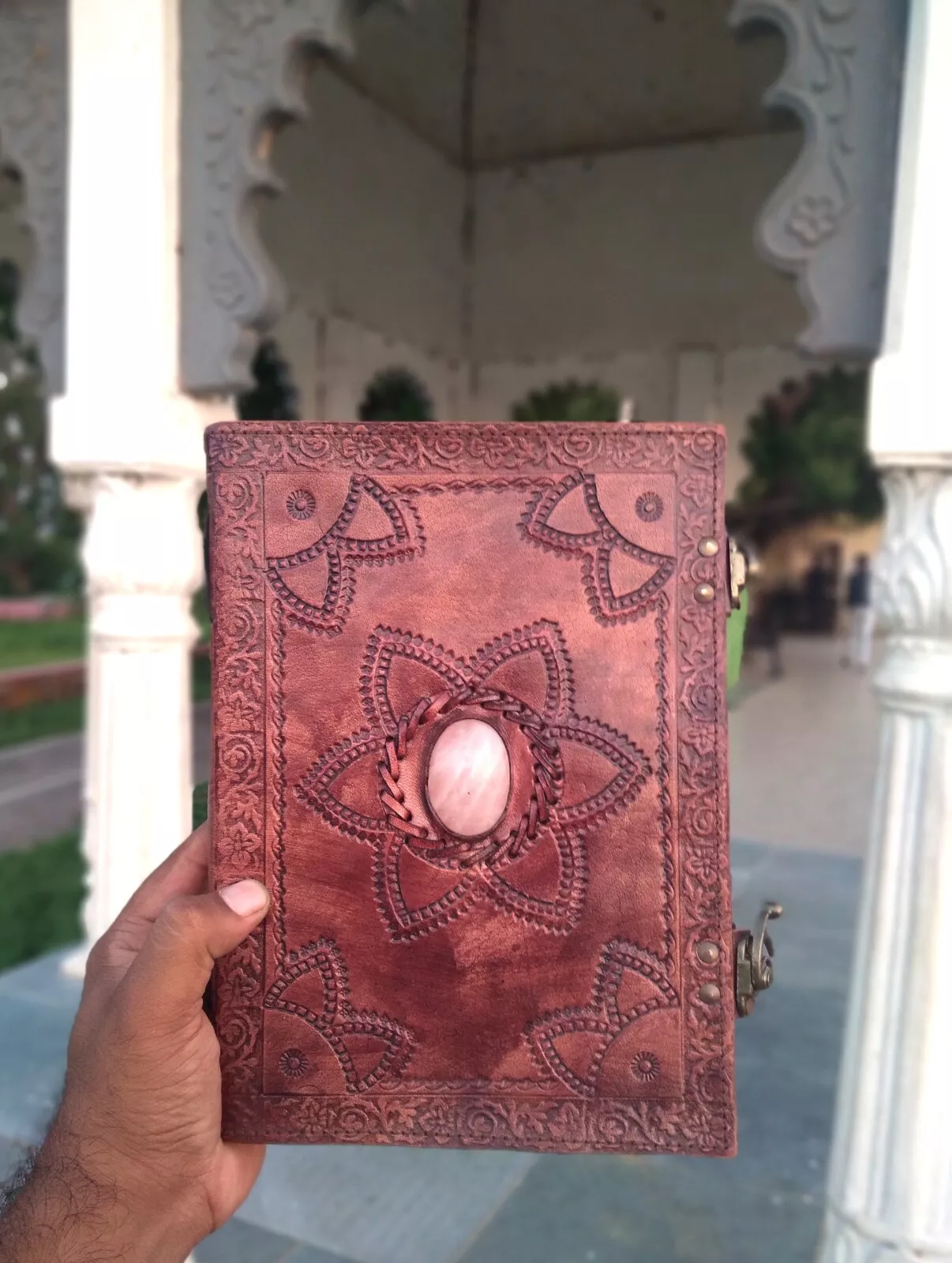 Handcrafted Embossed Design Vintage Leather Bound Journal Diary Rose Quartz Stone Antique Style Notebook For Men & Women Office Stationary Use