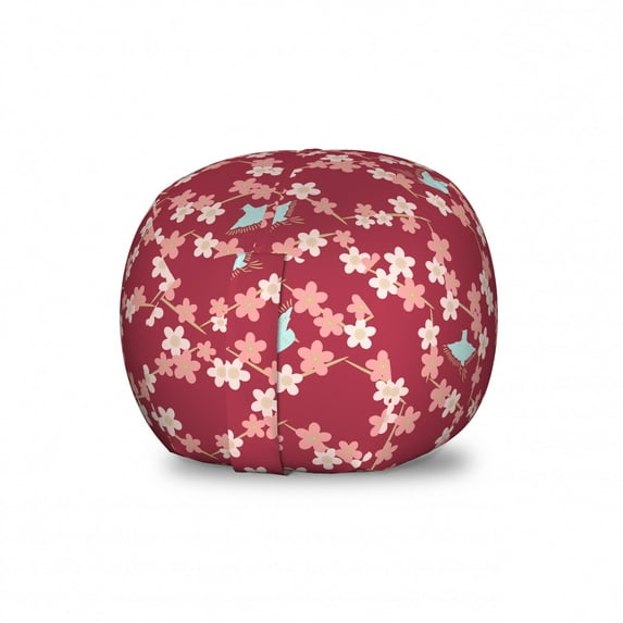 Floral Storage Toy Bag Chair, Demonstration of Japanese Flowers Design with Minimalistic Flowers and Birds, Stuffed Animal Organizer Washable Bag, Large Size, Ruby and Blush, by Ambesonne