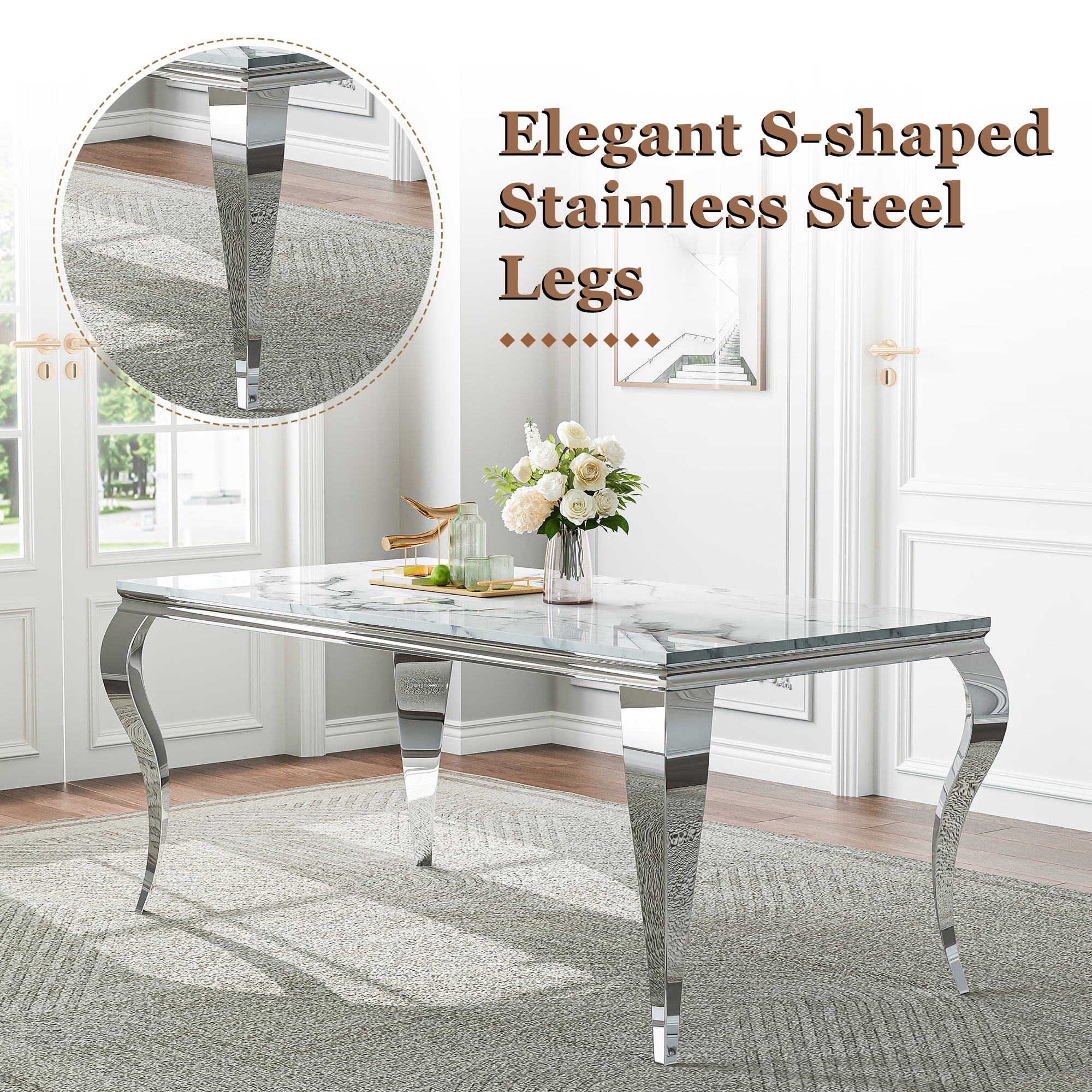 Modern Marble Dining Table, 70" Faux Marble Top and Polished Stainless Steel S-Shaped Legs, for Apartment, Living Room, Kitchen