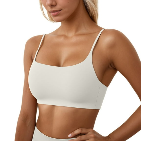 KHONTS,Women's Adjustable Spaghetti Strap Sports Bras Scoop Neck Wireless Athletic Camisole Padded Yoga Workout Crop Tops White S