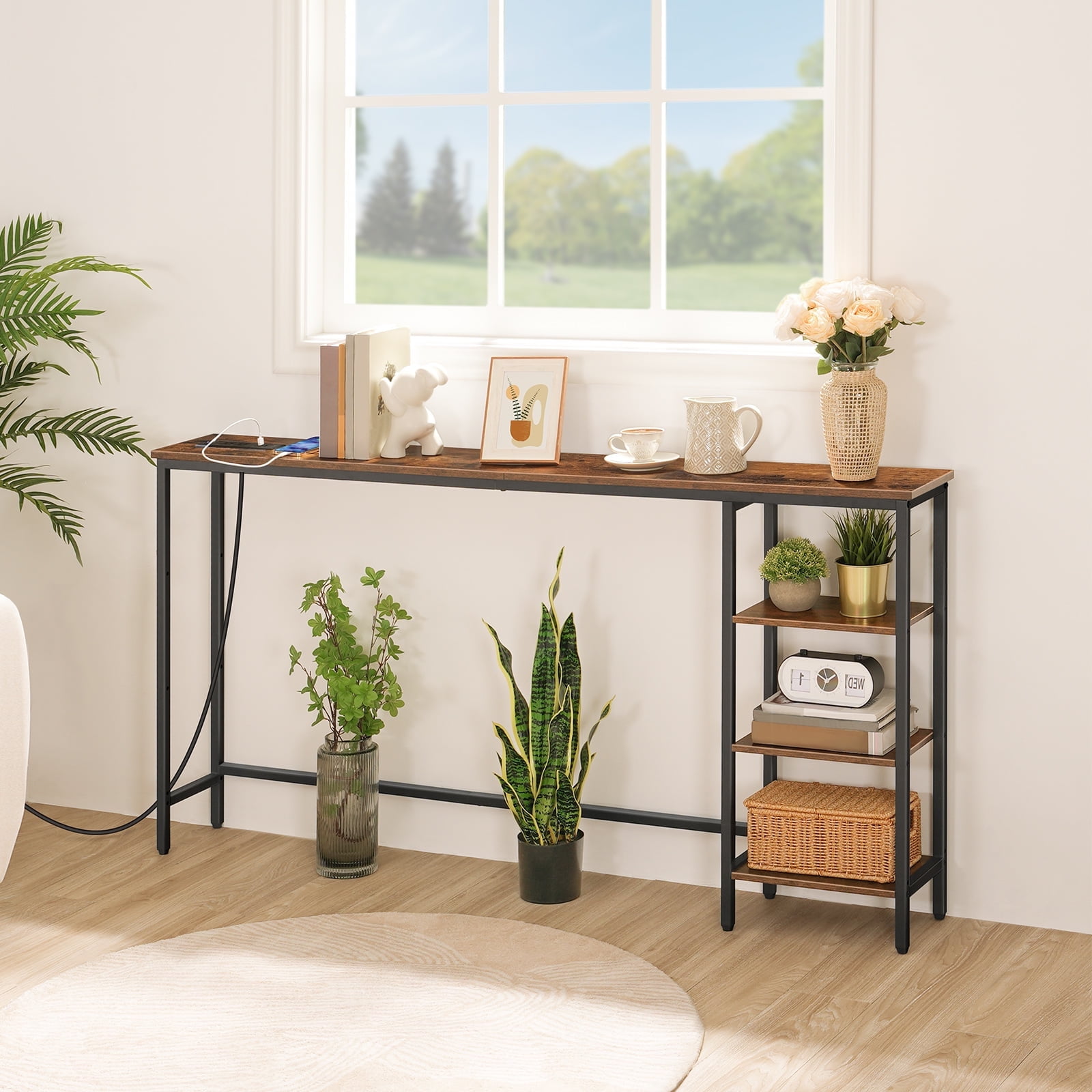HOOBRO Console Table with Power Outlet, 63" Behind Sofa Table with Shelves, Narrow Entryway Table with Storage, Couch Table for Living Room, Hallway, Rustic Brown and Black BF164UXG01