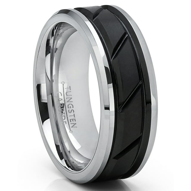 Tungsten Carbide Men's Black Diagonal Grooved Wedding Band Engagement Ring, Comfort Fit 10.5