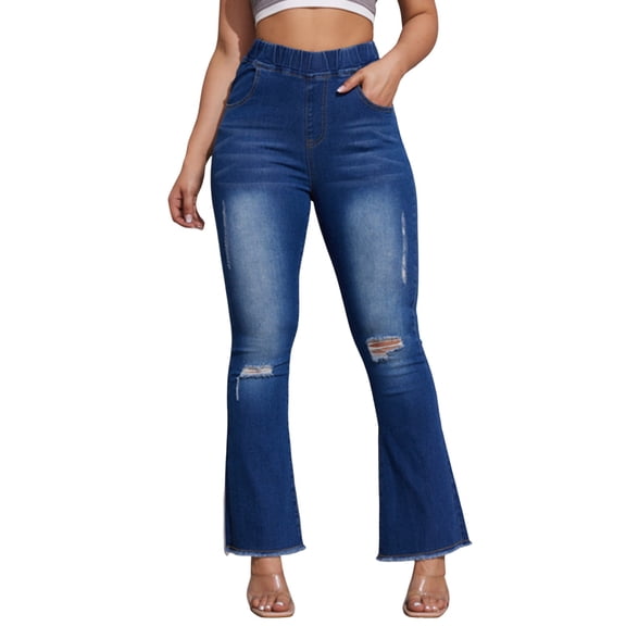 Sngxgn Womens Mid Waist Bell Bottom Stretchy Flare Jeans Pants(Blue,XL)