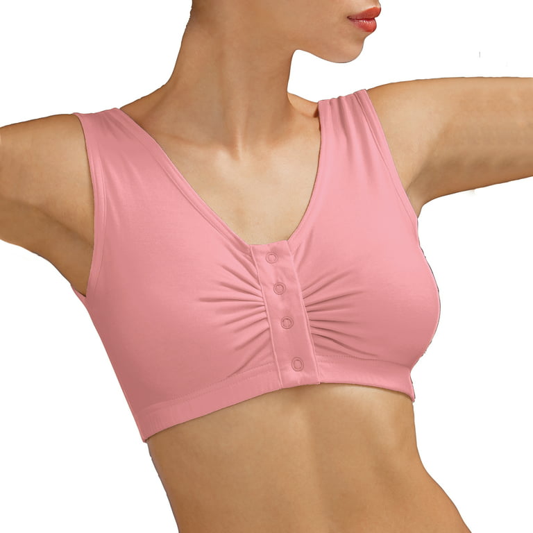 Collections Etc Women's Wide Shoulder Strap Seamless Easy-Close Snap Front  Bra Pink Large