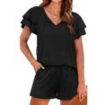 thumbnail image 4 of Njoeus Women's 2 Piece Outfits Casual Ruffle Short Sleeve V Neck Tops and Shorts Lounge Set Solid Color Pajama Loungewear, 4 of 8