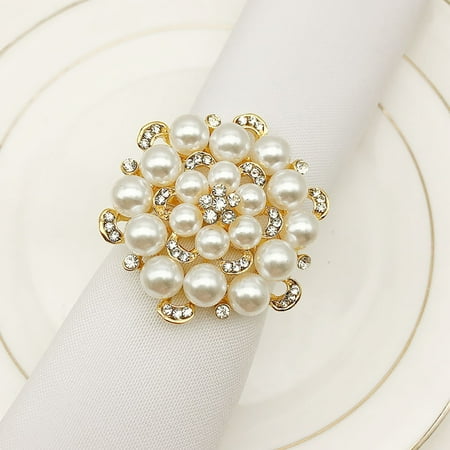 

6Pcs Hotel Tableware Rose Flower Napkin Rings Wedding Party Decor Towel Buckle Red Alloy Imitation Pearl