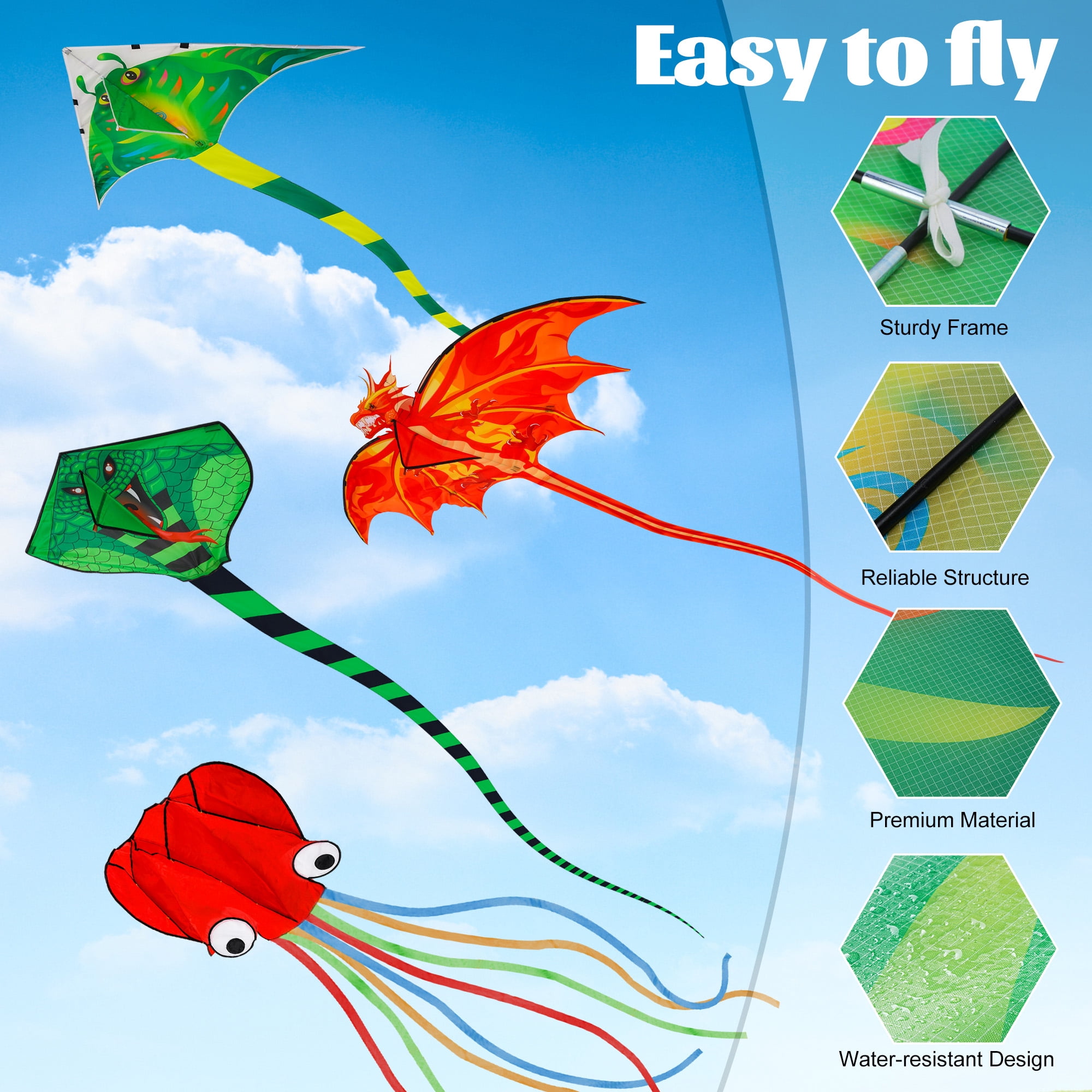 4 Pack Kites - Large Fire Dragon Kite Green Snake Kite Devil Fish Kite Red Mollusc Octopus with Long Colorful Tail for Kids Adults Outdoor Game Activities