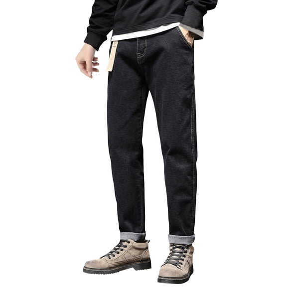 uikmnh Pants for Men's Winter Thermal Lined Jeans Straight Leg Comfort Fit Teddy Soft Inner Warm Trousers for Cold Weather Outdoor Casual Wear Durable Stretch Denim Pants Solid Color Size:2XL