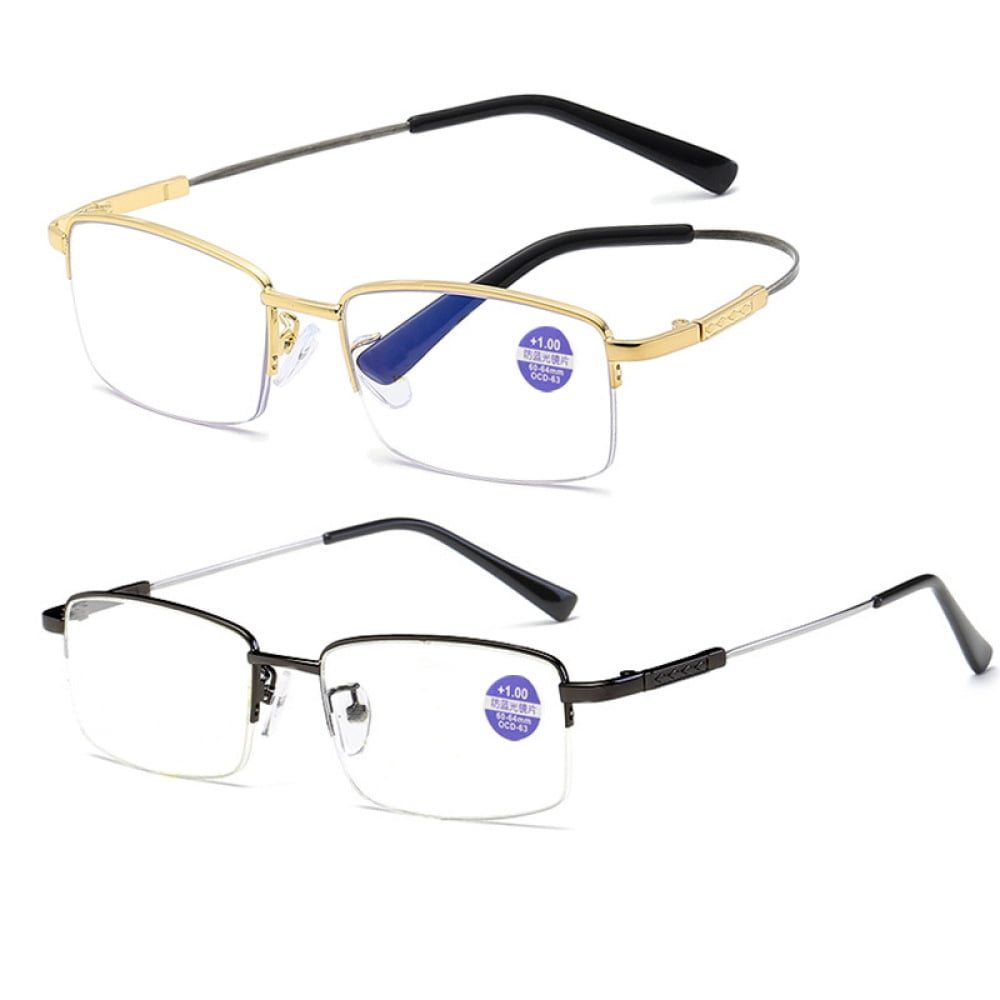 3 Pairs of Super Elastic Memory Ultralight Metal Readers Anti-Blue Light Half Rimless Rectangle Reading Glasses +4.00 for Men