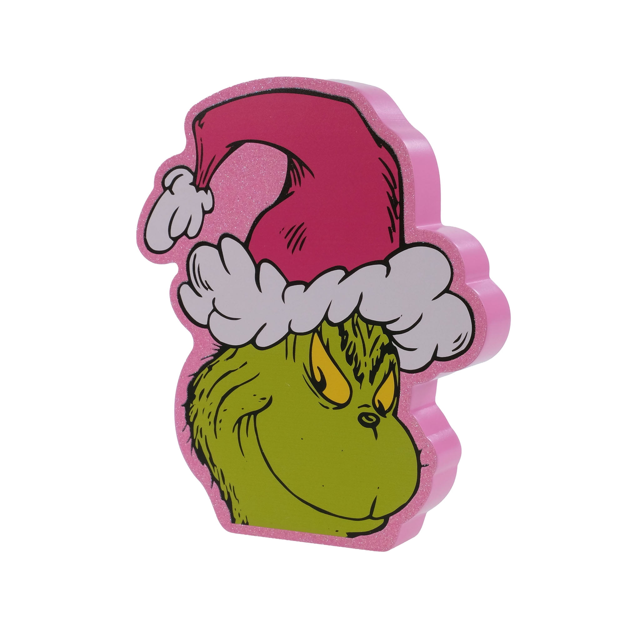 Dr. Seuss The Grinch Chunky Wood Decoration with Pink Santa Hat and Glitter, 1 Piece
