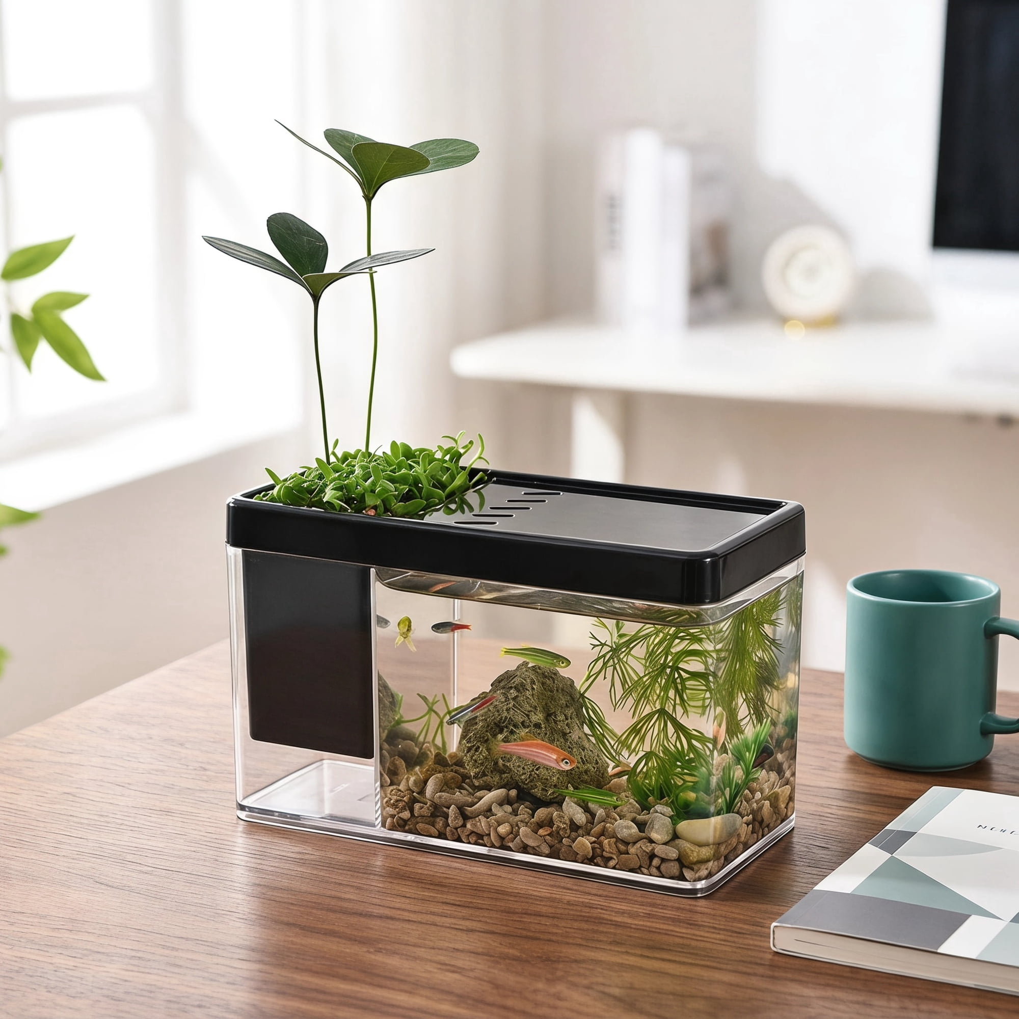 Aemutady 3-in-1 Plastic Mini Fish Tank, Desktop Aquarium for Betta Shrimp Goldfish, Black, 0.35 Gallon