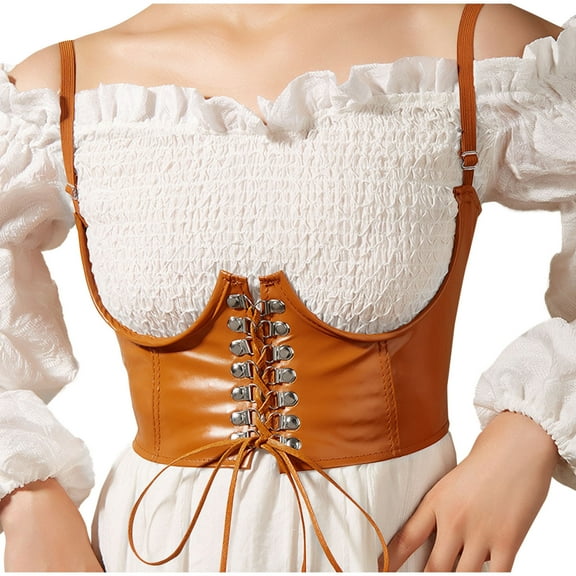 Lace-Up Corset Bustier Women's Waist Trainer Belt Steampunk Underbust Corset for Halloween Costume Khaki One Size