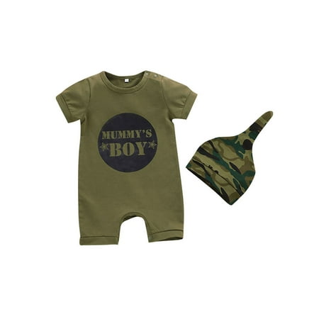 

Binpure Letter Print Round Neck Short Sleeve Baby Romper+ Hat/ Headwear