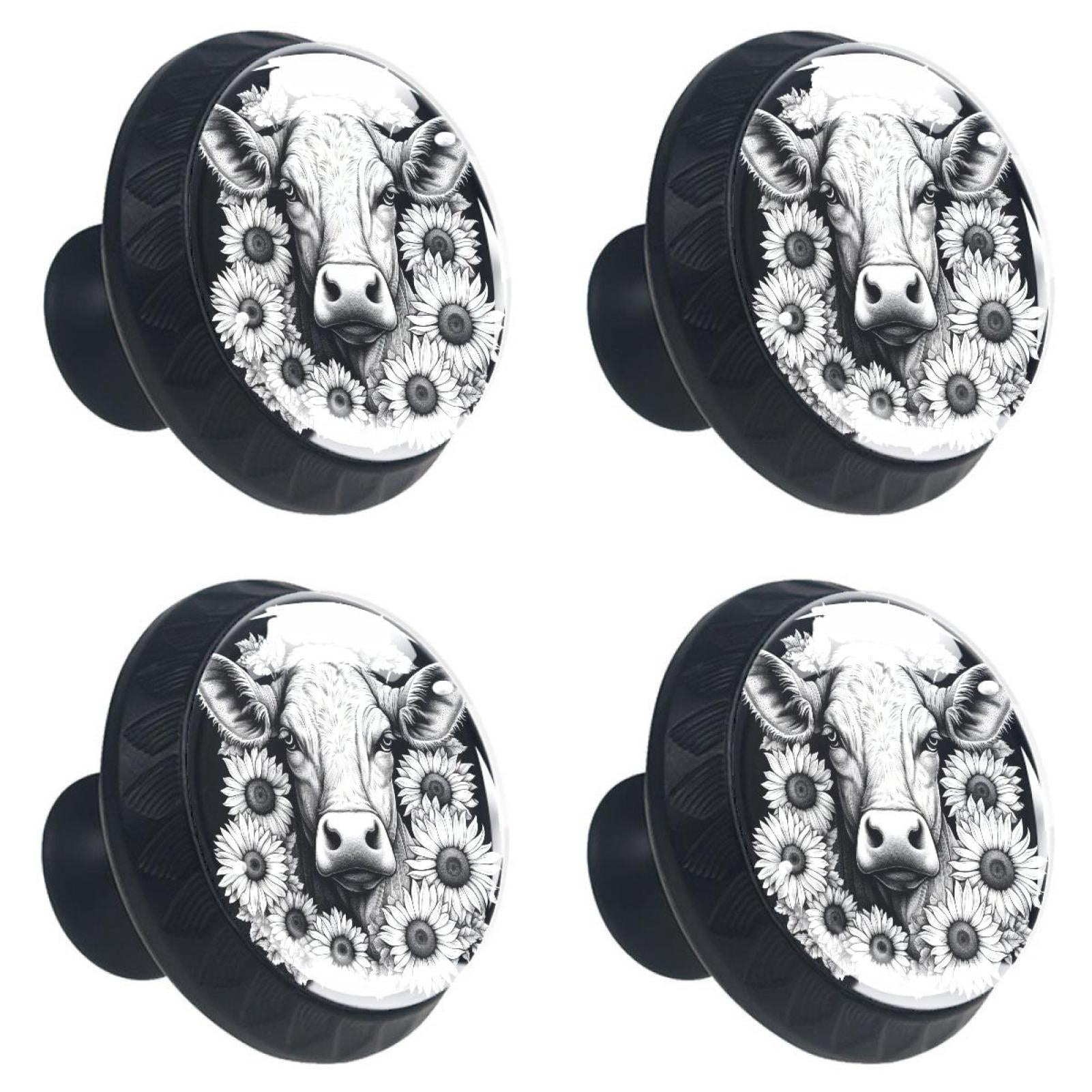 4 Pcs Cow and Sunflower Knobs for Kitchen Cabinet Cupboard Dresser Bookcase Drawer Pulls Handles Round Home Decor