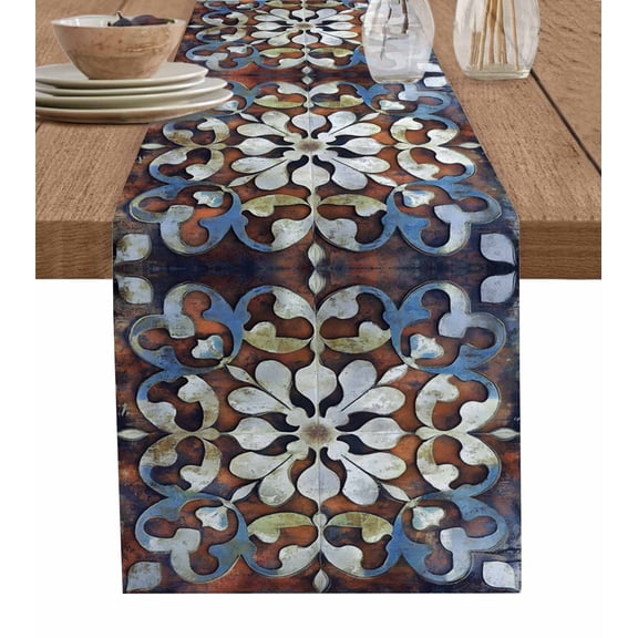 Orange Blue Ethnic Table Runner 48 Inches, Rustic Boho Flowers Impressionist Bed Runner Dresser Scarves Tabletop for Indoor Outdoor Parties/Ceremony/Banquet, 13" x 48"