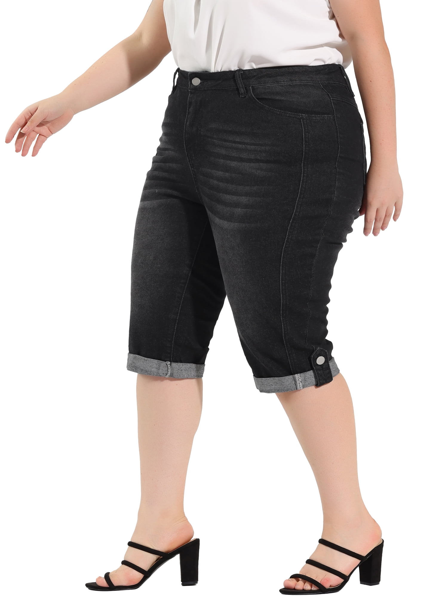 Unique Bargains Juniors' Plus Size Shorts Chambray Ripped Denim Capri Jeans Black 1X