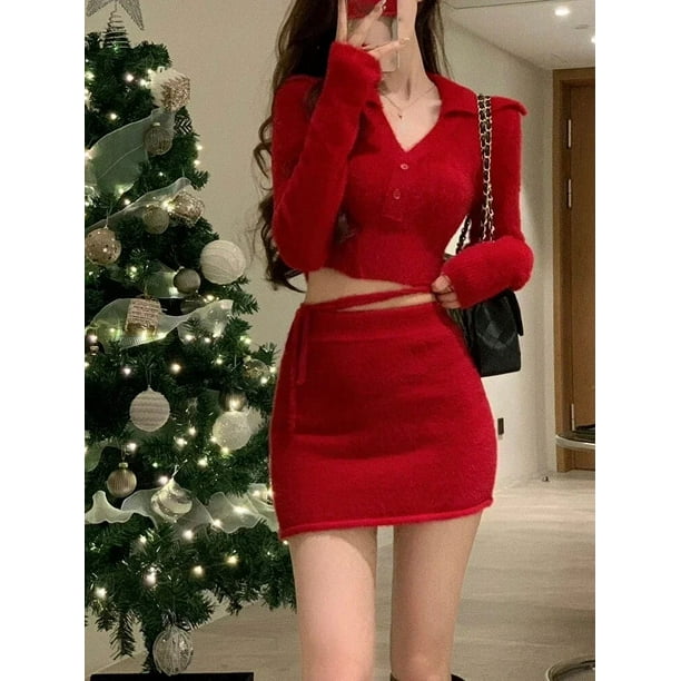Vestido de Navidad de punto rojo para mujer, conjunto de dos piezas, suéter de fiesta coreano, traje de falda, vendaje cálido, Mini falda delgada Sexy