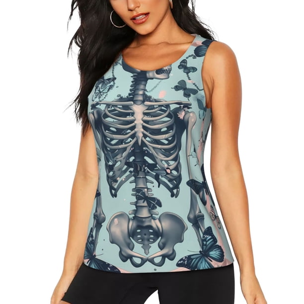 Fotbe Butterflies Skull Bows Blusas Sin Mangas para Mujer – Estilo Casual, Corte Suelto, Slim-Fit, Cuello Redondo Deportivo, Tops de Verano para Gimnasio y Yoga-Medium