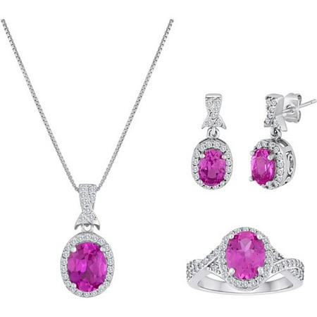 Simulated Pink Sapphire Silvertone 3-Piece Earrings, Pendant and Ring Boxed Set, 18