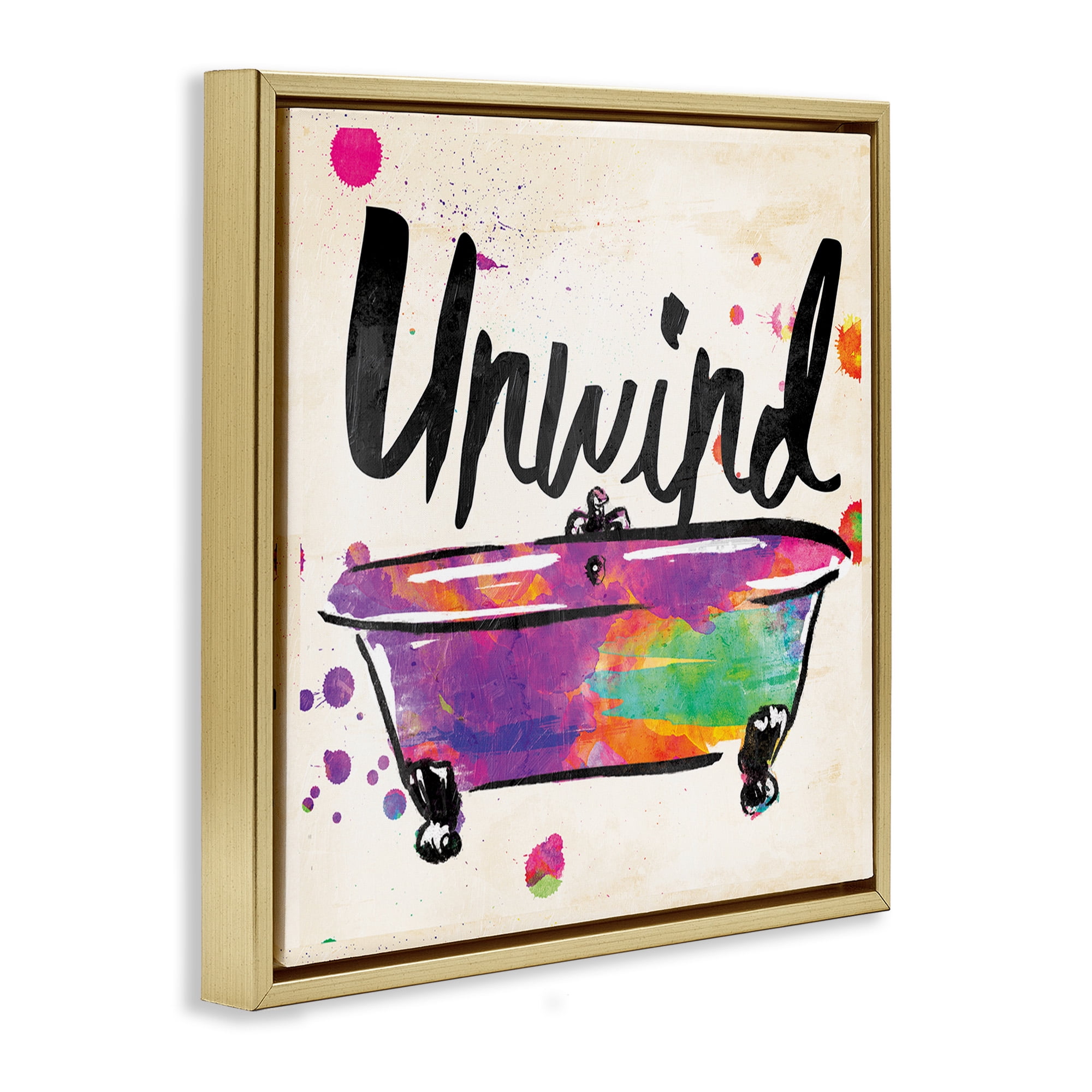 Stupell Industries Unwind Rainbow Colors Icon Bath Typography Painting Gold Floater Framed Canvas Art Print Wall Art, 18 x 18