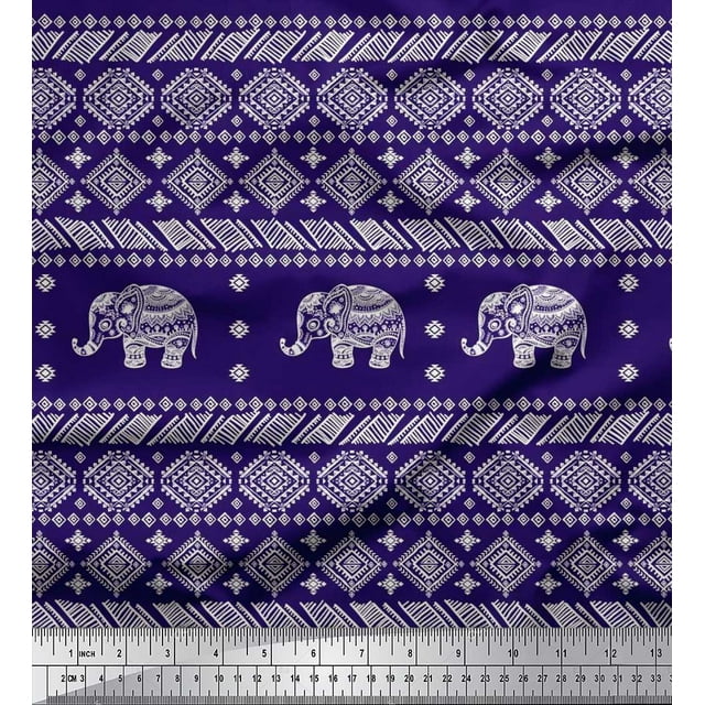 Soimoi Poly Georgette Fabric Aztec & Tribal Elephant Animal Printed Craft Fabric by the Yard 52 Inch Wide