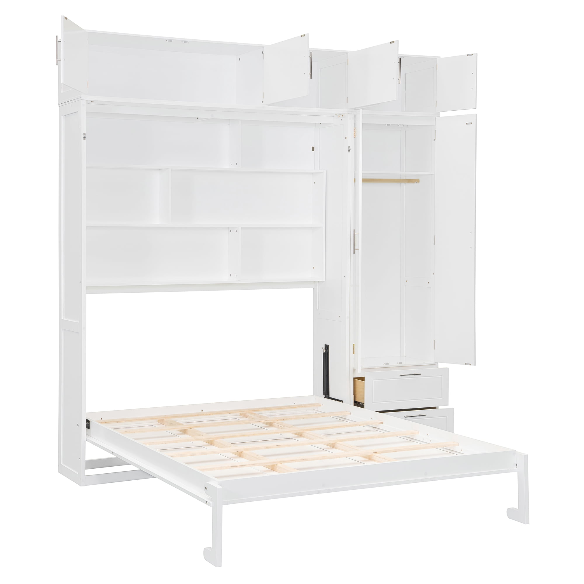 Mintazer Queen Size Murphy Wall Bed with Cabinets & Open Bookshelf, All-in-One Foldable Cabinet Bed with Side Wardrobe & 2 Storage Drawers for Small Apartment Guest Room Home Office, White