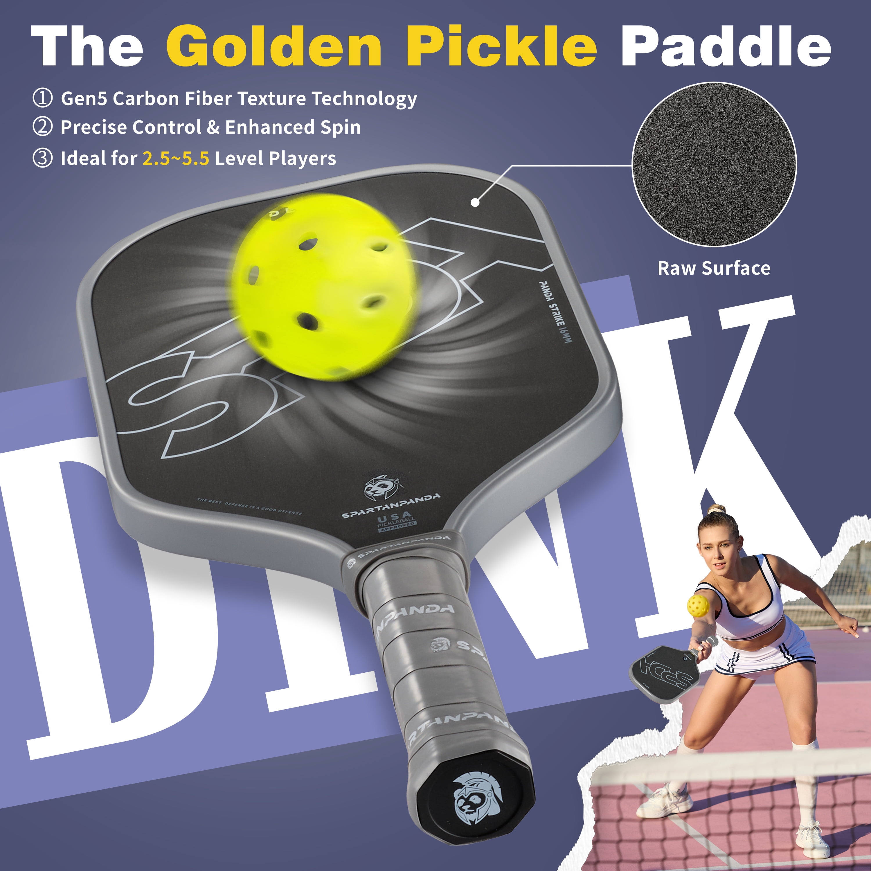Professional Pickleball Paddle , T700 Carbon Fiber, 16mm Elongated Lightweight Edge Pickle-Ball Racket for Pro Control Players