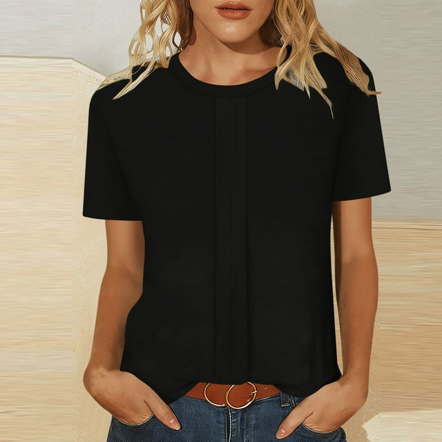HongQid Hauts pour Femmes Été Manches Courtes Col Ras du Cou T-Shirts Plissés Mode T-Shirt Basique