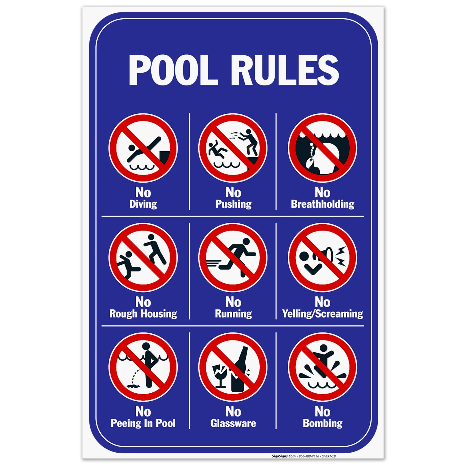 Pool Rules Sign, No Diving No Pushing No Running No Peeing in Pool
