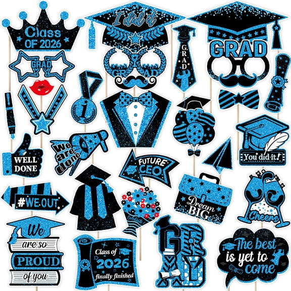 Happy Graduation 2026 Photo Booth Props 30pcs Funny Large Graduation Photo Props Class of 2026 Grad Decor with Sticks for Kids Boy Girl Women Men Graduation Party Favors Supplies Decorations