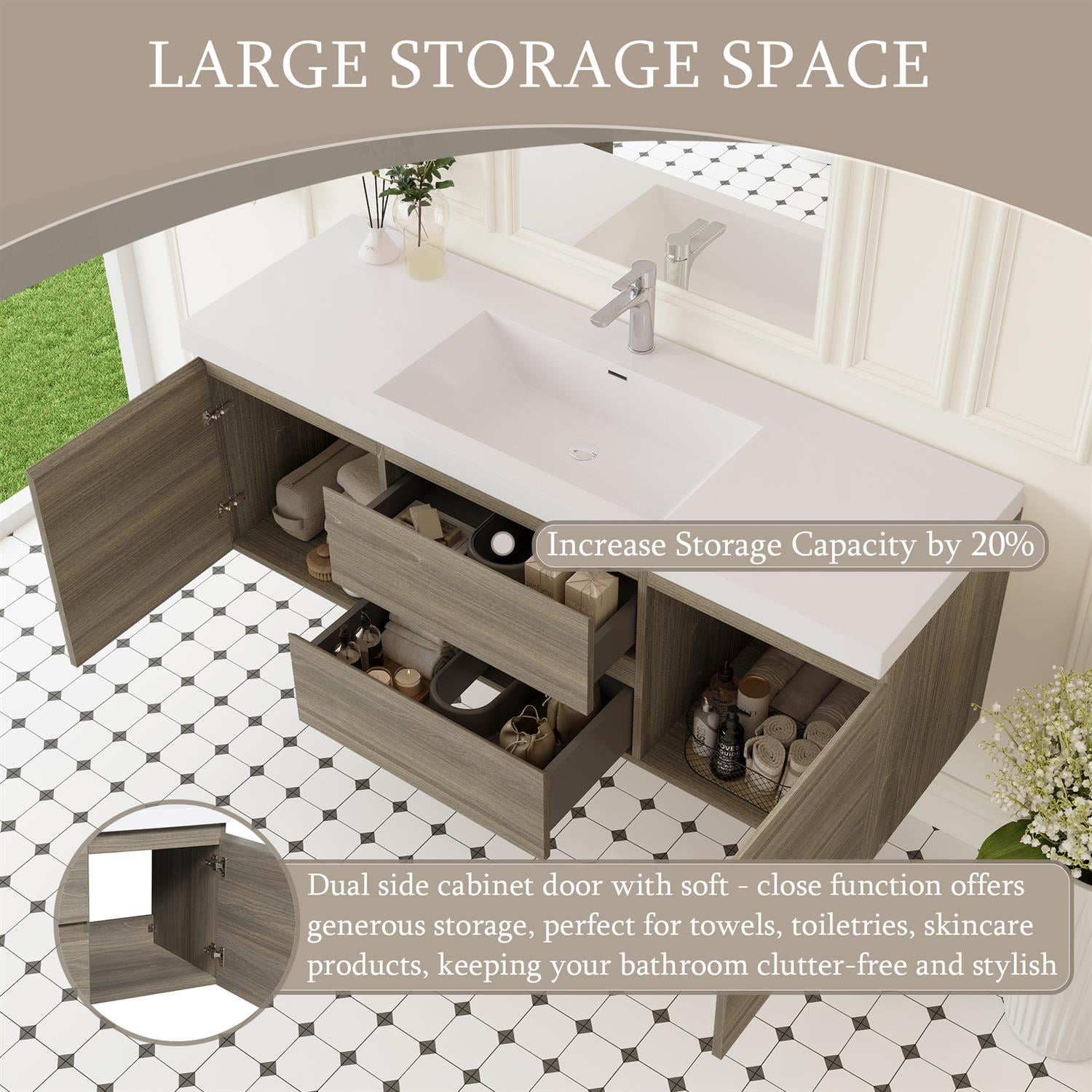 Demi Bonn 60" Floating Bathroom Vanity with Sink, Resin Top Basin and 2 Soft Close Drawers, 2 Storage Cabinet, Faucets and Drains Not Included, Gray