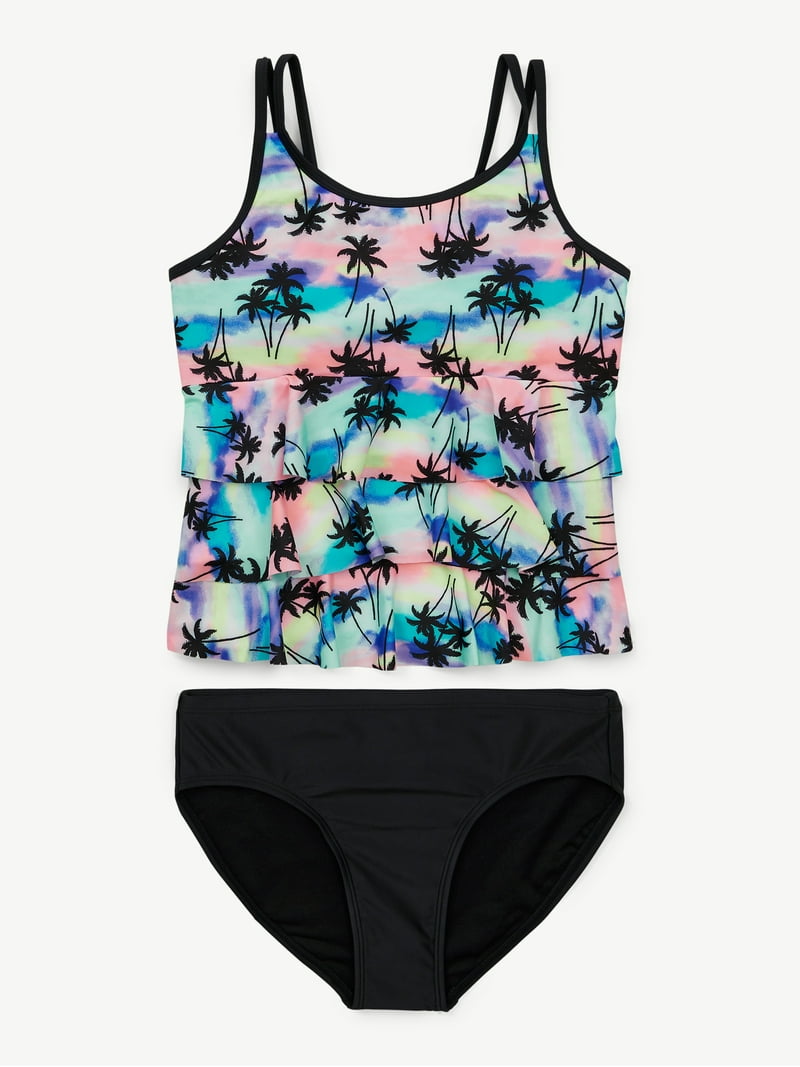 Justice Girls Triple Ruffle Tankini Swimsuit, Adjustable Straps