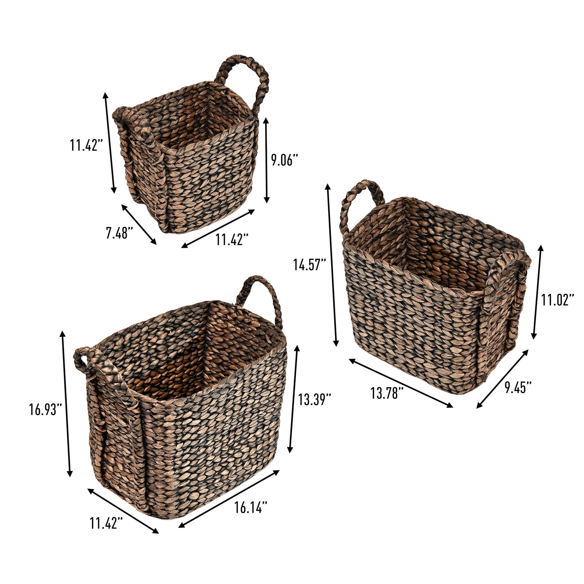 happimess BSK2001B-3SET Clara Farmhouse Classic Handwoven Hyacinth Rectangle Storage Floor Baskets with Handles, Brown (Set of 3)