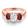 thumbnail image 3 of Gem Stone King 18K Rose Gold Plated Silver White Moissanite and Red Garnet Filigree Style 3 Stone Ring for Women (2.64 Cttw, Oval 8X6MM and 6X4MM) (Size 9), 3 of 6