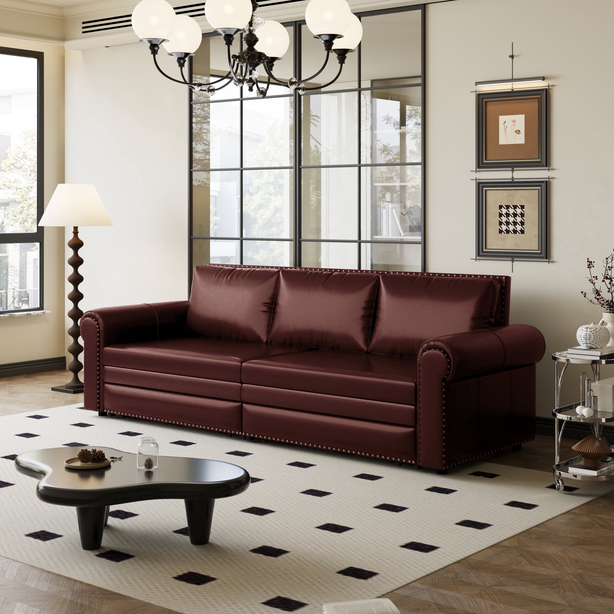 93.7" Chesterfield Sofa, King Pull Out Sofa Bed with Nailhead Trim, 3-in-1 Faux Leather Convertible Sleeper Sofa with Rolled Arm, for Apartments, Living Room, Burgundy