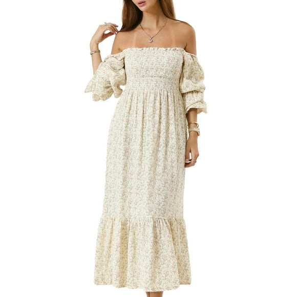 SUNSIOM Women Dress Square Neck Off Shoulder Long Puff Sleeve Smocked High Waist Casual A Line Dress