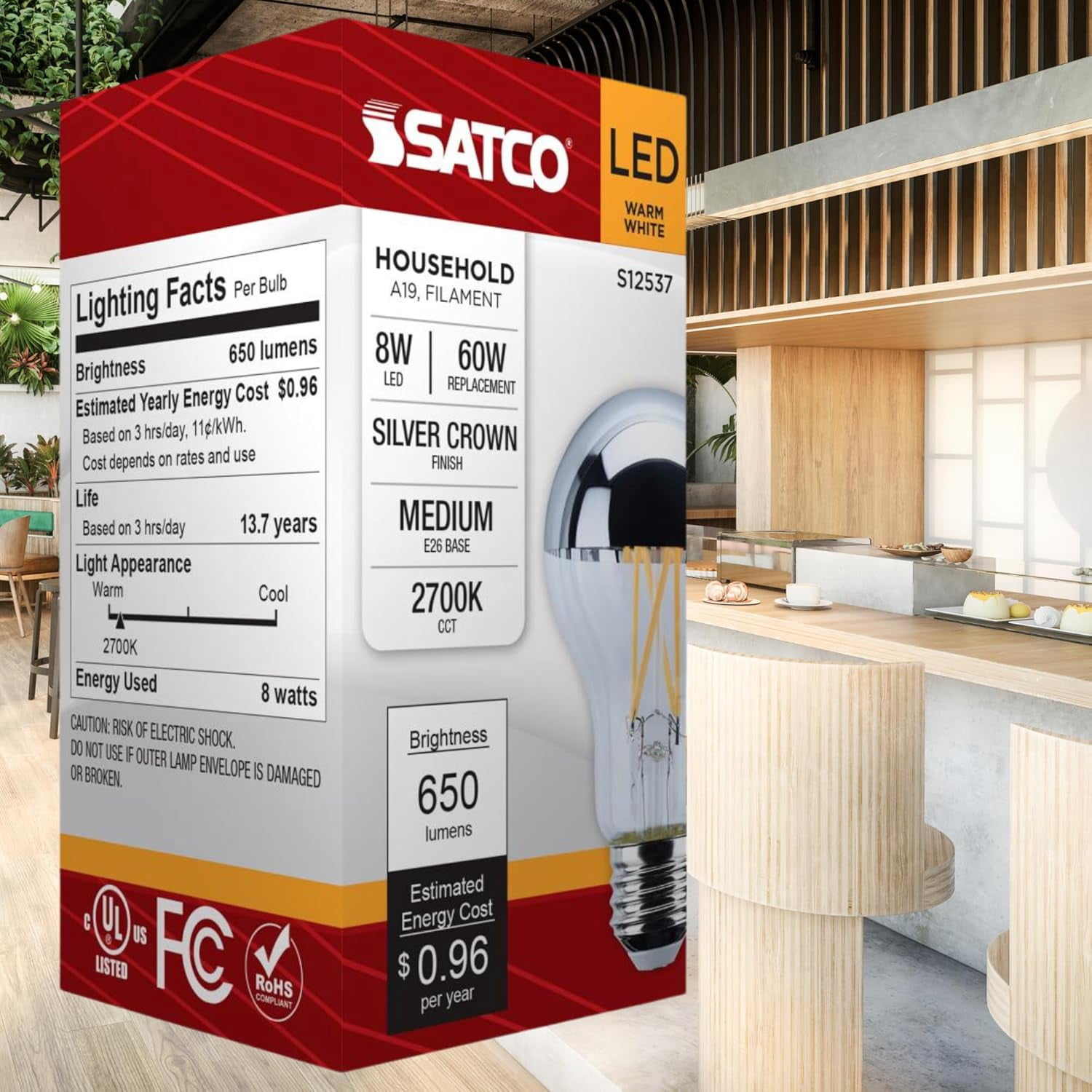 Satco S12537 LED Silver Crown A19 Light Bulbs 8W 120V 2700K E26 Medium Base Dimmable (6 Pack)