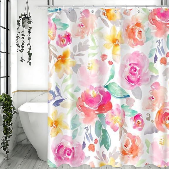 Watercolor Floral Shower Curtain Soft Pink and Orange Flower Print Bathroom Decor
