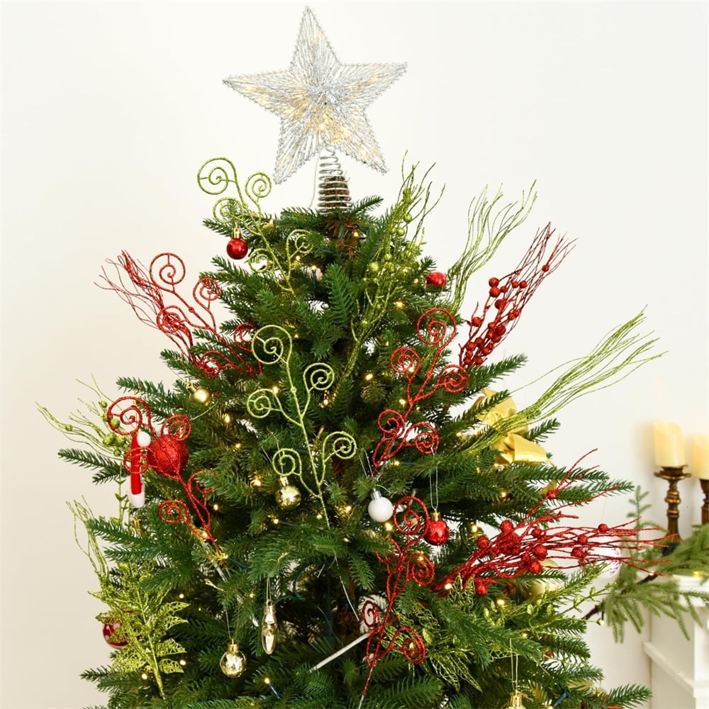 Triani 32Pcs Glitter Christmas Tree Picks 17" Artificial Glitter Curly Berry Stems Ornaments  Red Green Fake Candy Picks Ornaments Branches for Xmas Tree Wreath DIY Crafts Vase Filler