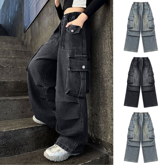 breaise Girls Boys Cargo Pants Baggy Y2K Cargo Trousers Jeans Trendy Wide Leg Pants with Multi Pockets 5-15 Years