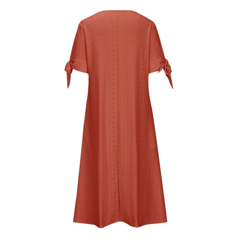 Amidoa Spring Dresses for Woman Orange V-Neck Short Sleeve Off the Shoulder  Smocked Cutout Ruffled Sundress Church Dresses for Woman