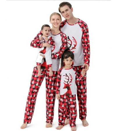 

Winter Savings! YYDGH Christmas Family Matching Pajamas for Couples Kids Baby Long Sleeve Xmas Elk Reindeer T-Shirt + Casual Plaid Pants Pjs Set