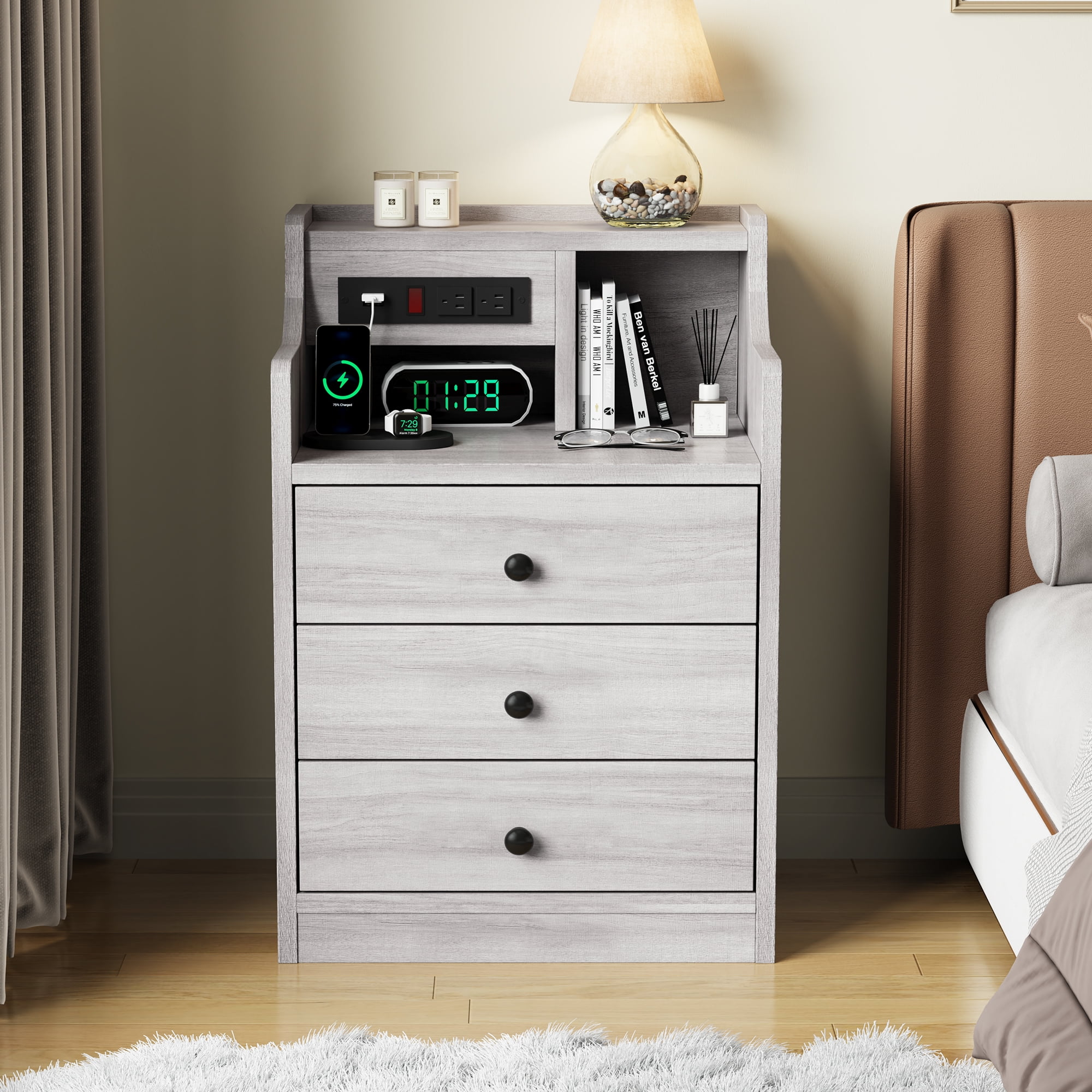 Afuhokles Nightstand with Charging Station for Bedroom, Bedside Table Night Stand with Hutch and Storage Drawers, Gray