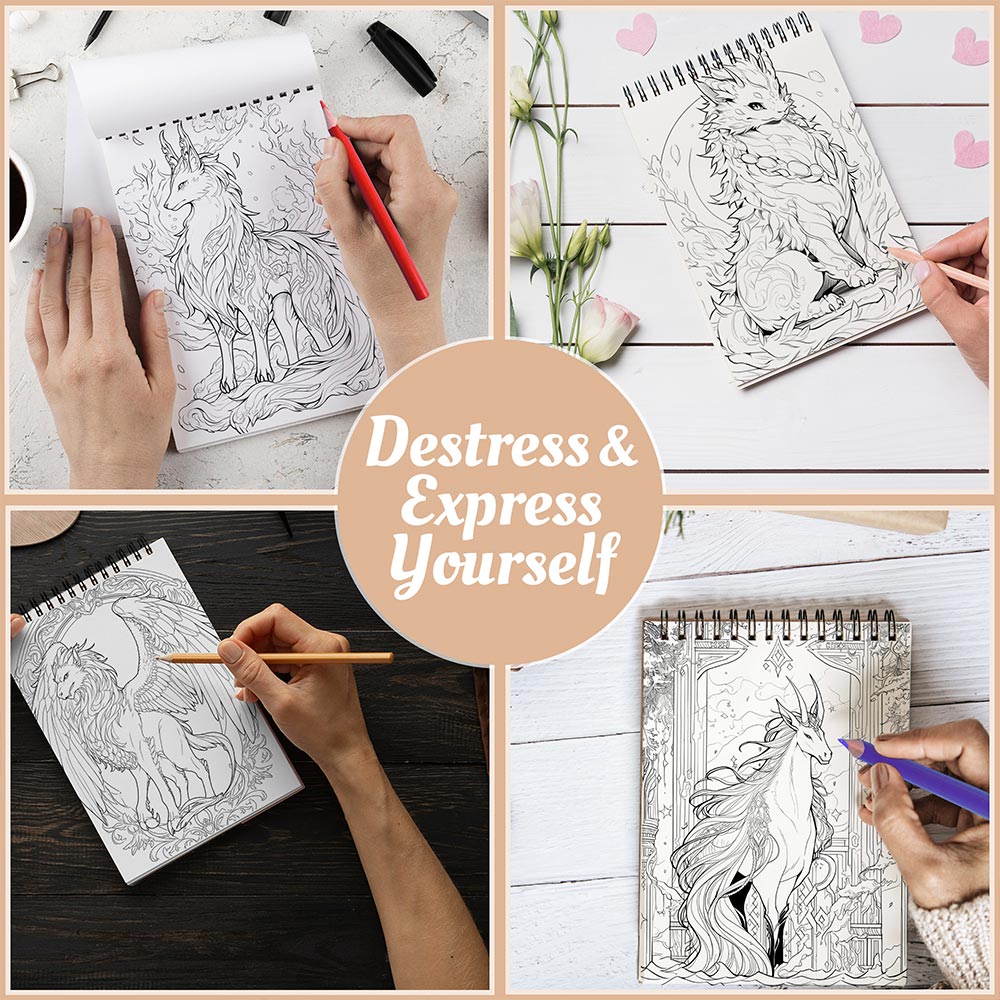 Mythical Creatures Coloring Book Spiral Bound For Adults, A5 Wooden Cover, 30 Beautiful Coloring Pages of Enchanted Worlds for Stress Relief and Relaxation