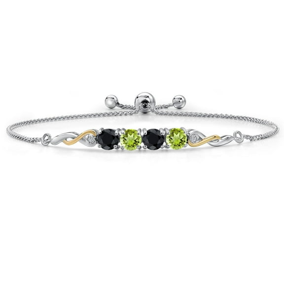 925 Silver and 10K Yellow Gold Black Sapphire and Green Peridot and White Lab Grown Diamond Bracelet for Women | 2.50 Cttw | Gemstone September Birthstone | Round 5MM | Fully Adjustable 9 inch