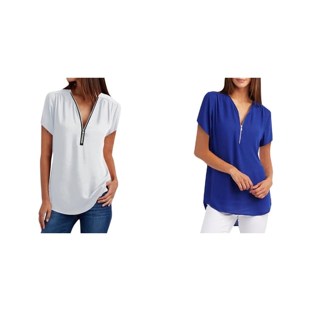 (Lot de 2) Rinsvye T-Shirt Décontracté à Fermeture Éclair pour Femmes, Col en V, Manches Longues