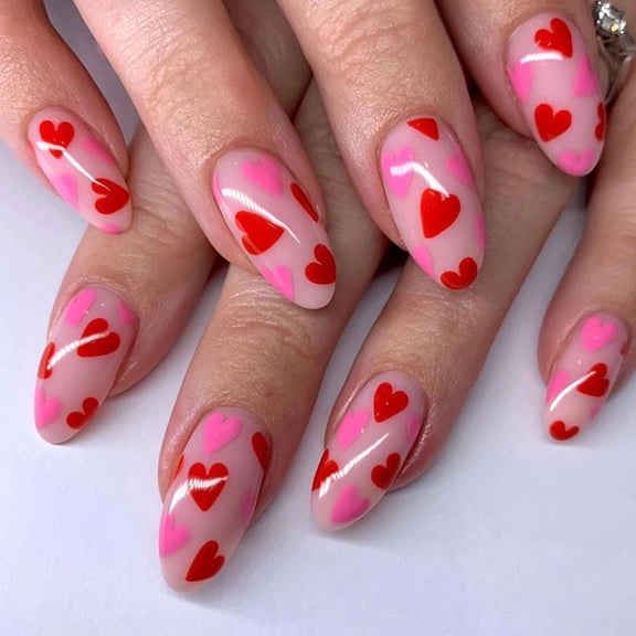 Medium Press on Nails Square Fake Nails with French Tip Heart Strawberry Design 3D Bow Glue on Nails Press ons Light Pink False Nails Stick on Nails for Women 24Pcs Light Pink Red Pink Heart