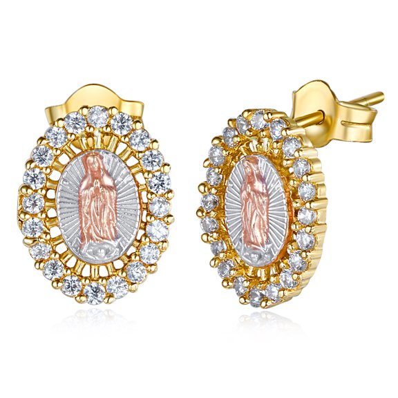 Wellingsale Ladies 14k Tri 3 Color Gold Polished CZ Our Lady of Guadalupe Earrings