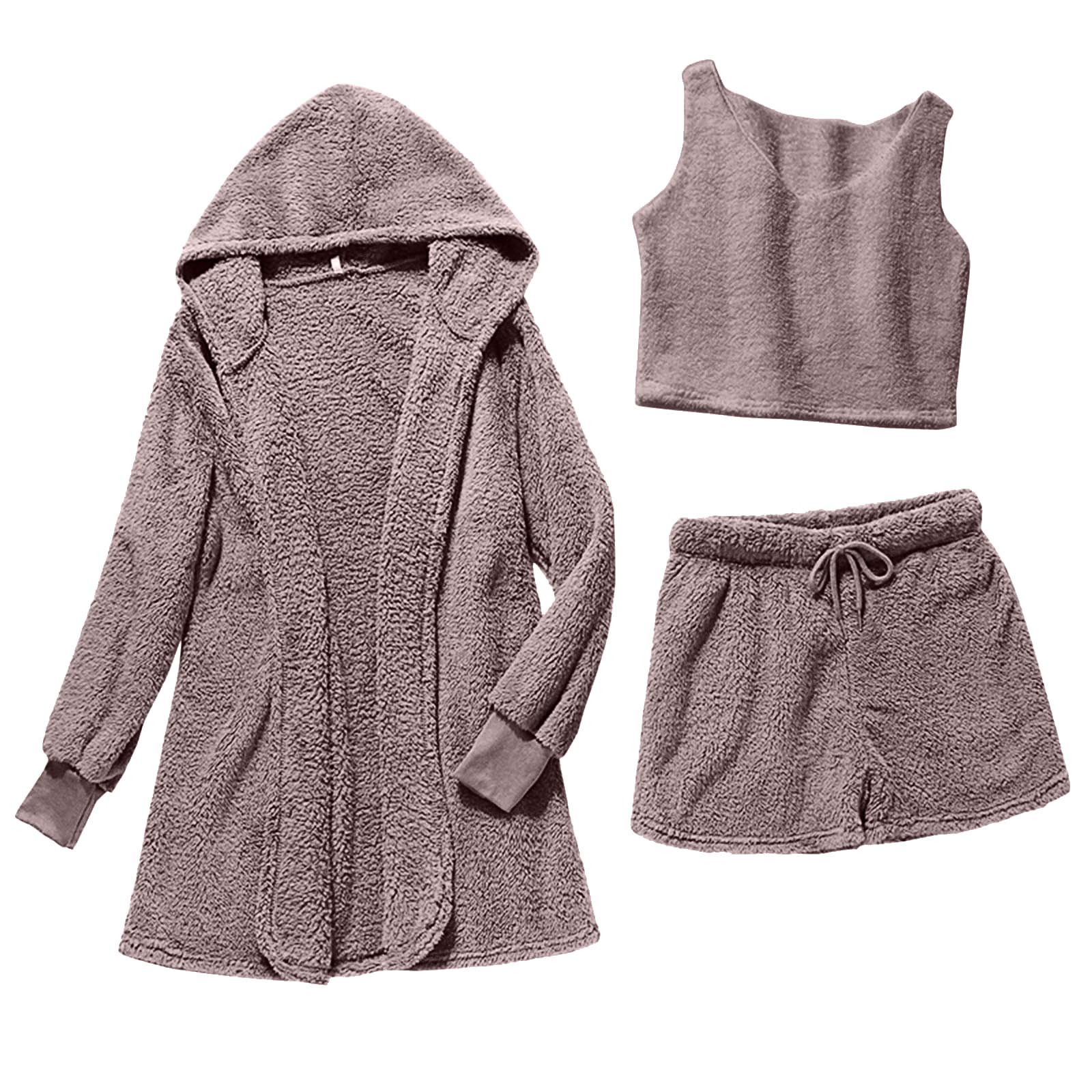LELEBEAR Cozy Knit Set 3-Piece,Womens Sexy Fuzzy Warm Fleece 3 Piece Fleece  Coat and Spaghetti Strap Crop Top Shorts Set (Beige White, Small) :  : Clothing, Shoes & Accessories